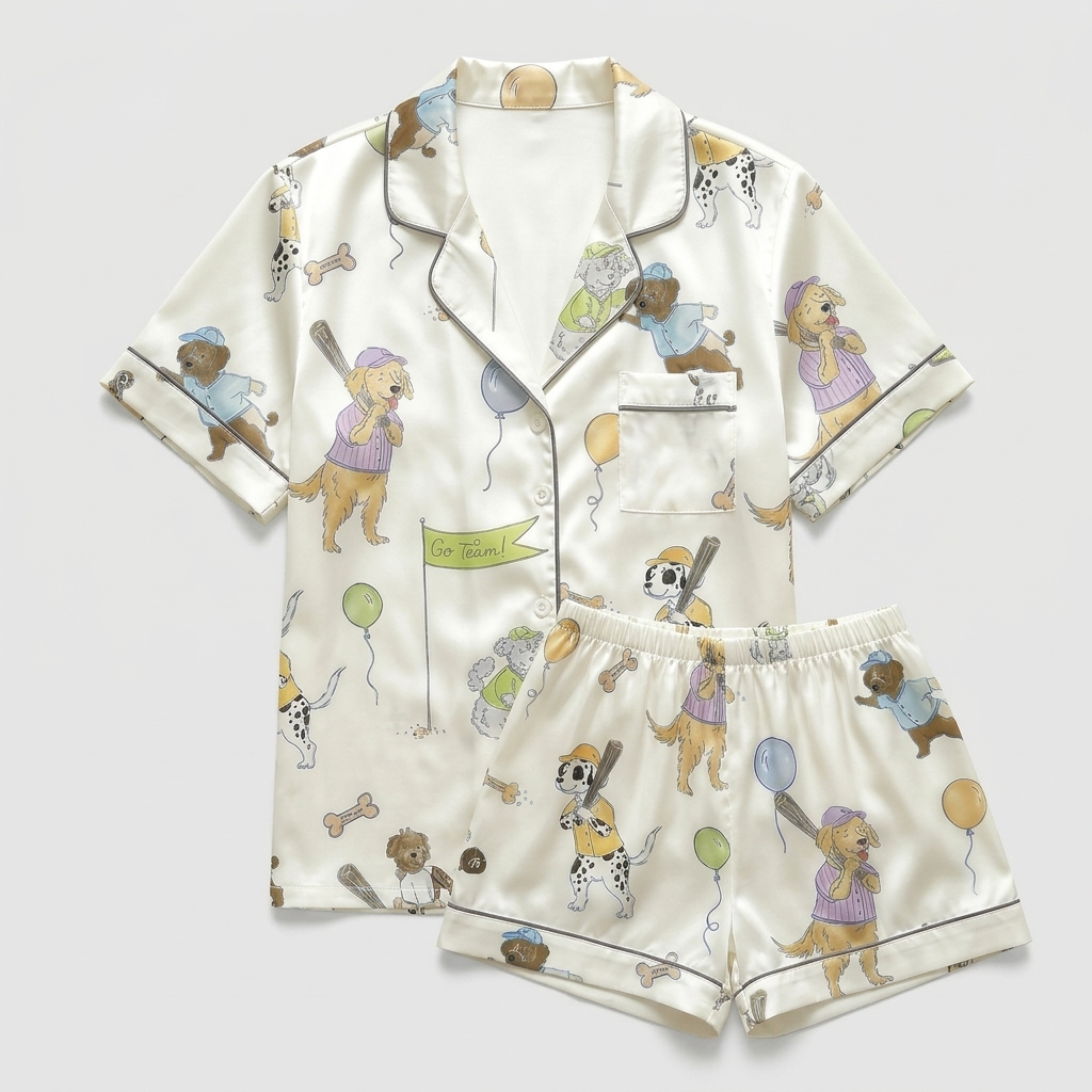 Women's satin pajama set with dogs in caps and jerseys swinging bats on cream - flat lay