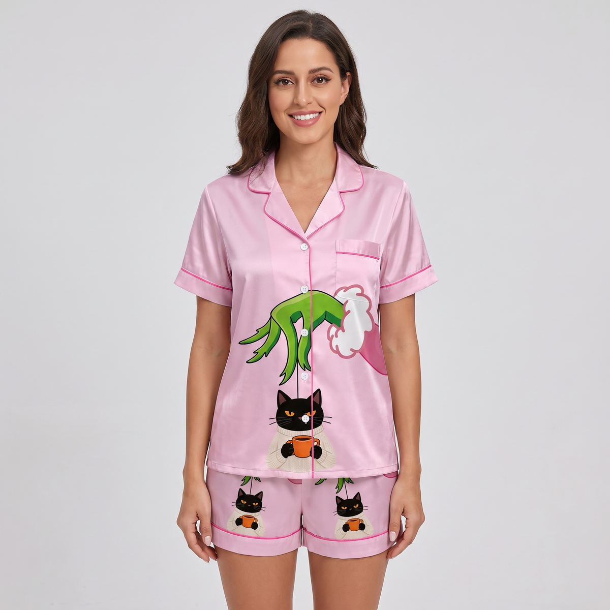 Mean One Black Cat Inspired Women's Pajama Set - short sleeve and shorts