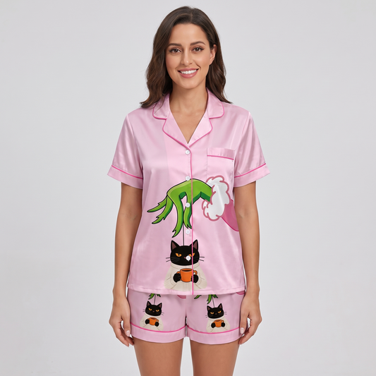 Mean One Black Cat Inspired Women's Pajama Set - short sleeve and shorts