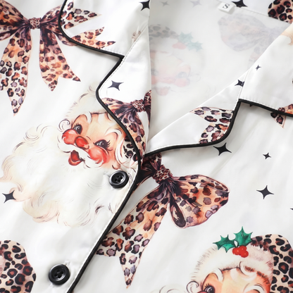 Leopard Bow Santa Women's Pajama Set - print close-up