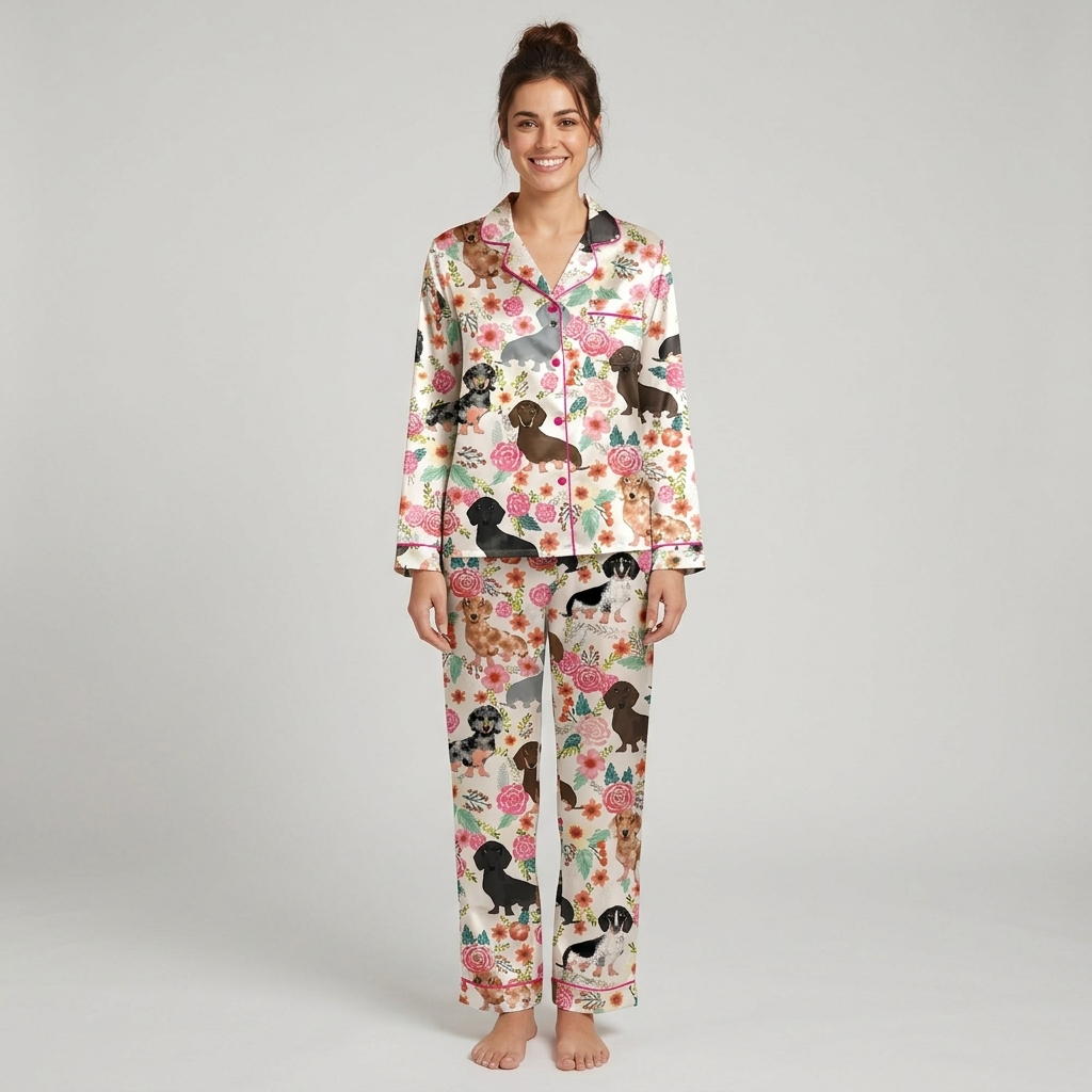Women's satin pajama set with dachshunds among pink roses, peach blooms and leaves on white - long sleeve and pants