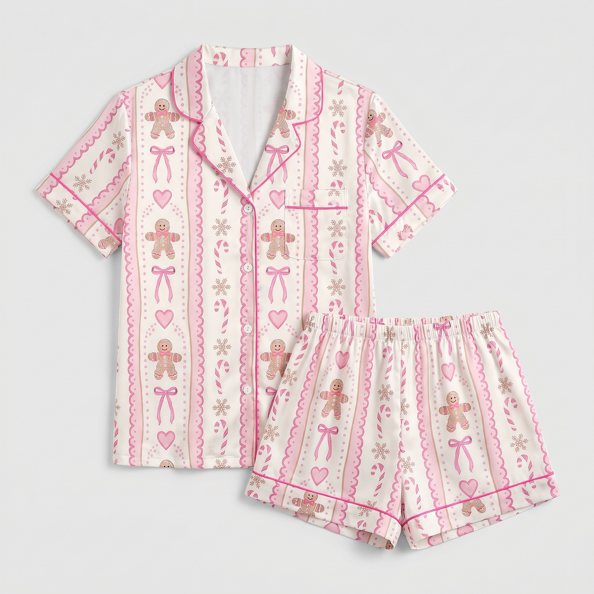 Pink Gingerbread Stripes Women's Pajama Set - flat lay