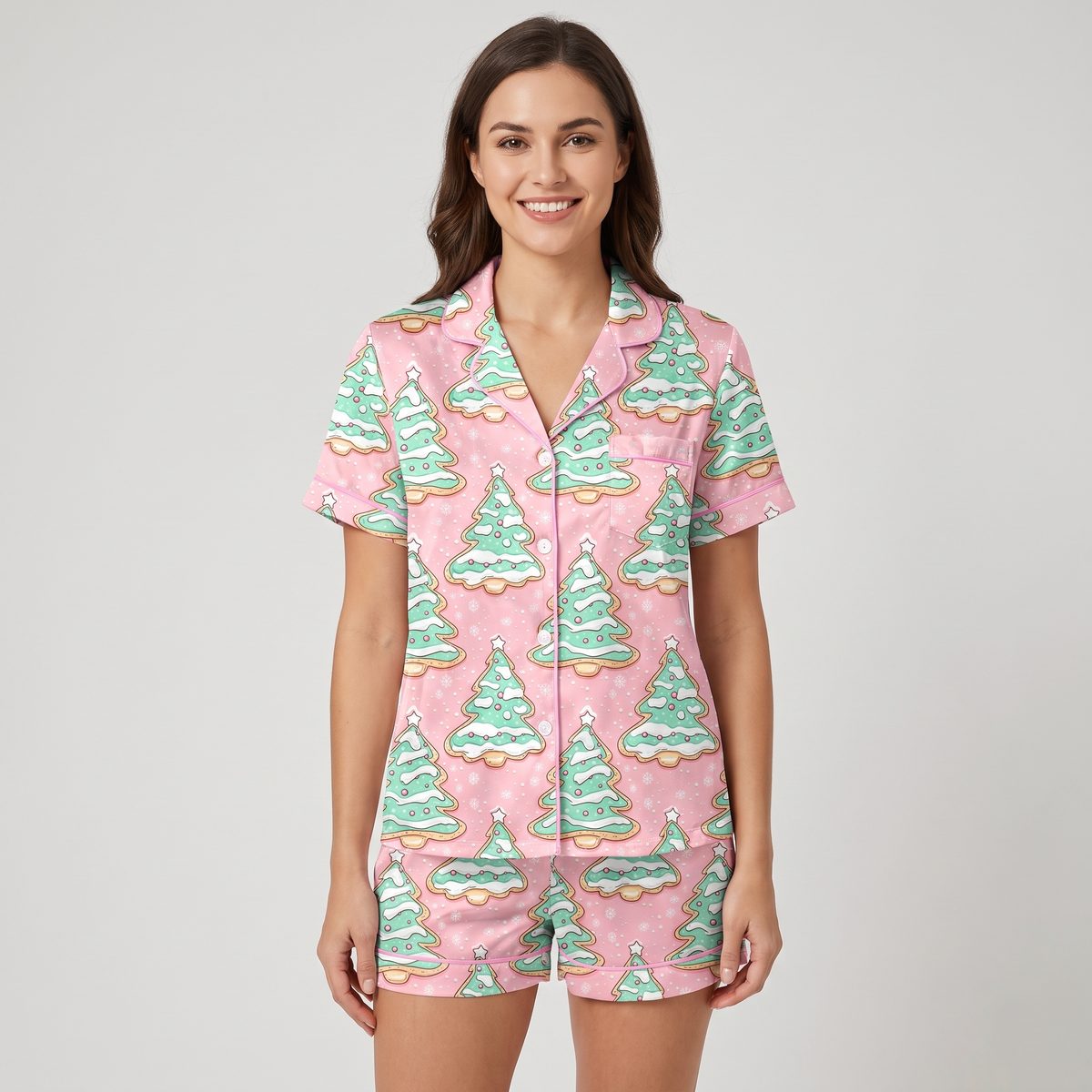 Pink & Mint Tree Cakes Women's Pajama Set - short sleeve and shorts