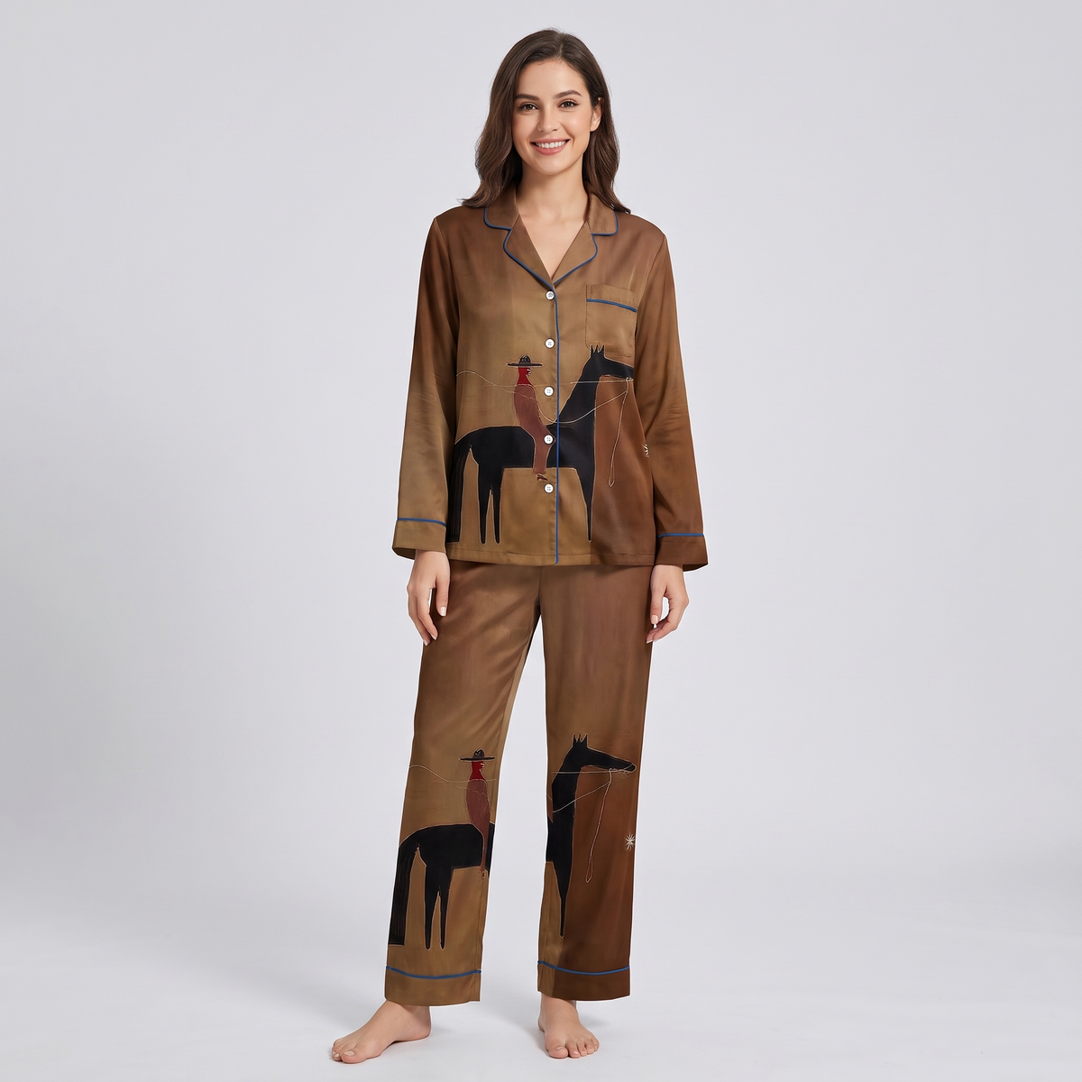 Lasso Rider Brown Horse Women's Pajama Set - long sleeve and pants