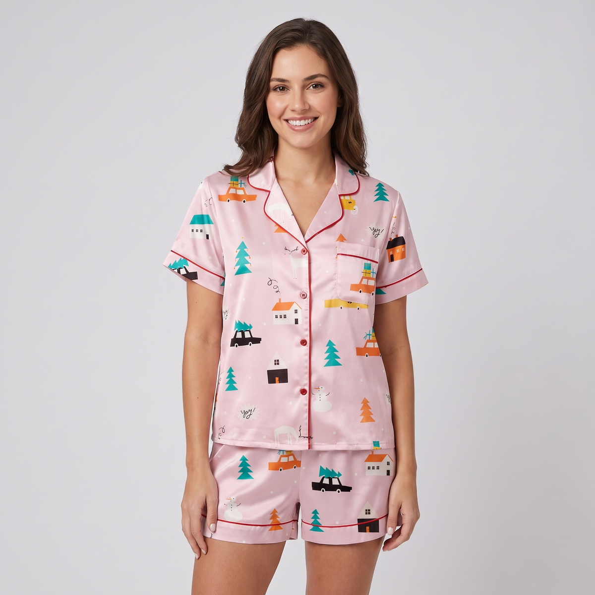 Pastel Winter Village Women's Pajama Set - short sleeve and shorts