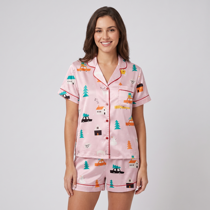 Pastel Winter Village Women's Pajama Set - short sleeve and shorts