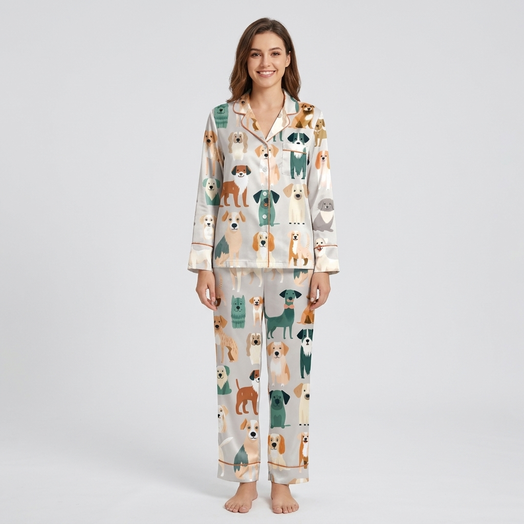 Women's satin pajama set with a parade of teal, caramel and cream storybook dogs on leashes on white - long sleeve and pants