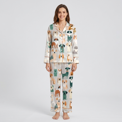 Women's satin pajama set with a parade of teal, caramel and cream storybook dogs on leashes on white - long sleeve and pants
