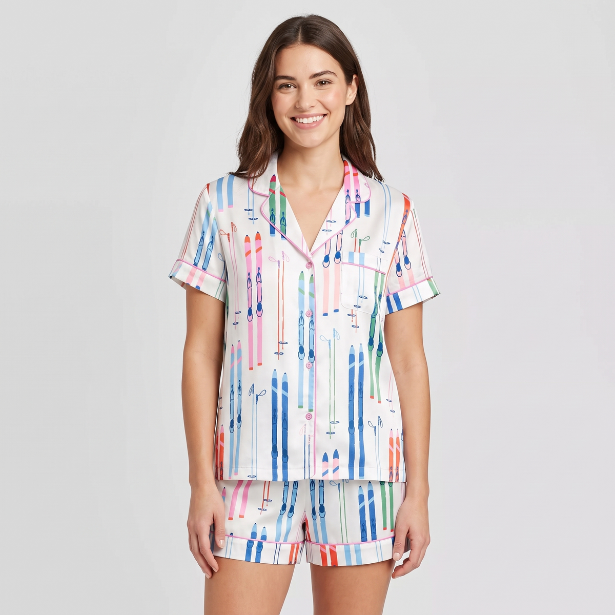 Striped Skis Women's Pajama Set - short sleeve and shorts