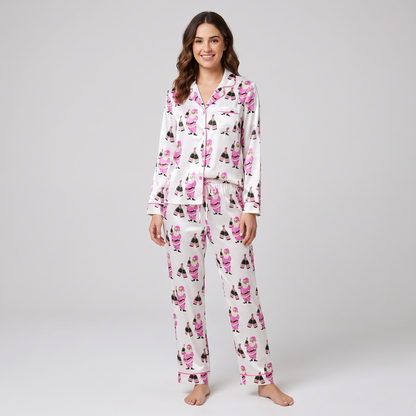 Pink Santa Champagne Women's Pajama Set - long sleeve and pants