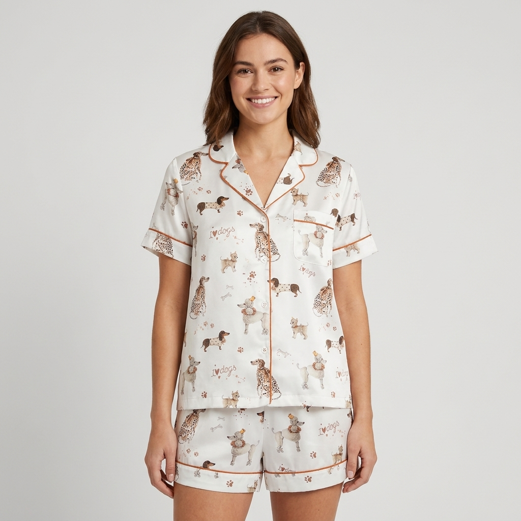 Women's long-sleeve satin pajama set with hand-drawn hounds, spaniels and puppies with bones on white - short sleeve and shorts
