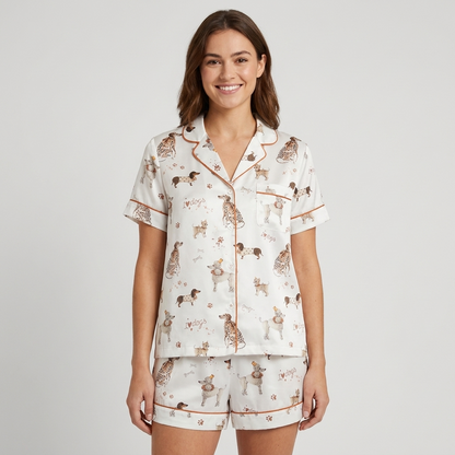 Women's long-sleeve satin pajama set with hand-drawn hounds, spaniels and puppies with bones on white - short sleeve and shorts