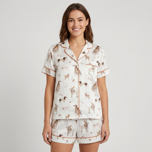 Women's long-sleeve satin pajama set with hand-drawn hounds, spaniels and puppies with bones on white - short sleeve and shorts