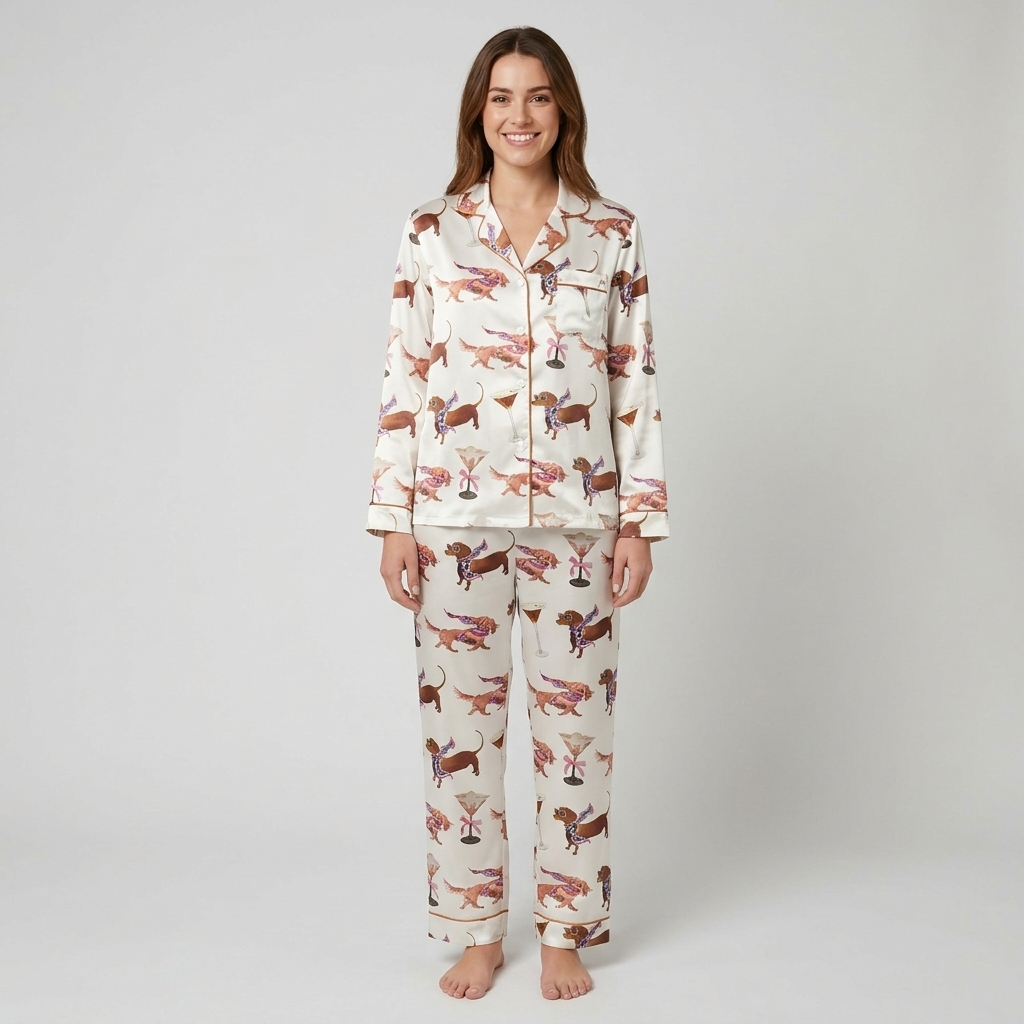 Women's satin pajama set with chestnut dachshunds in floral scarves beside martini glasses on white - long sleeve and pants