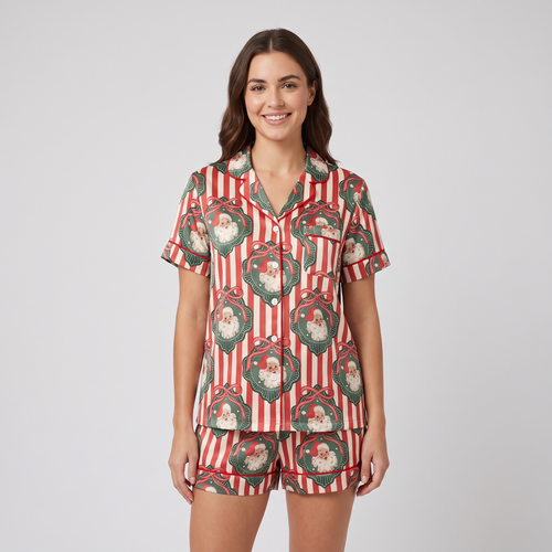 Santa Stripes & Wreaths Women's Pajama Set - short sleeve and shorts