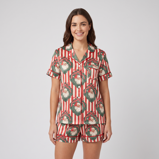 Santa Stripes & Wreaths Women's Pajama Set - short sleeve and shorts