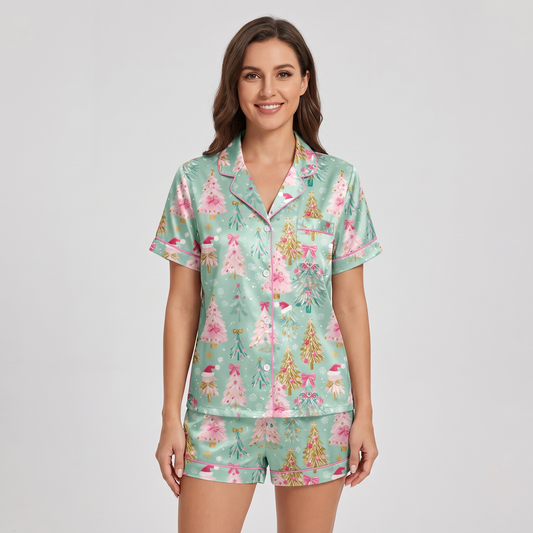 Twinkle Trees Pink & Mint Women's Pajama Set - short sleeve and shorts