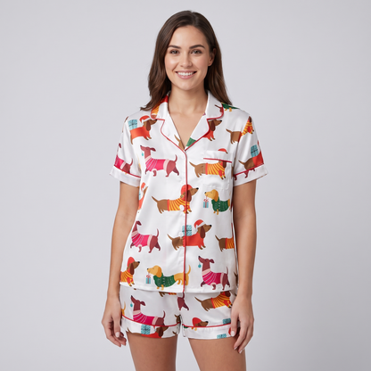 Festive Dachshunds Women's Pajama Set - short sleeve and shorts