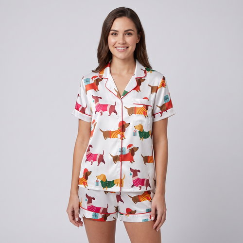Festive Dachshunds Women's Pajama Set - short sleeve and shorts