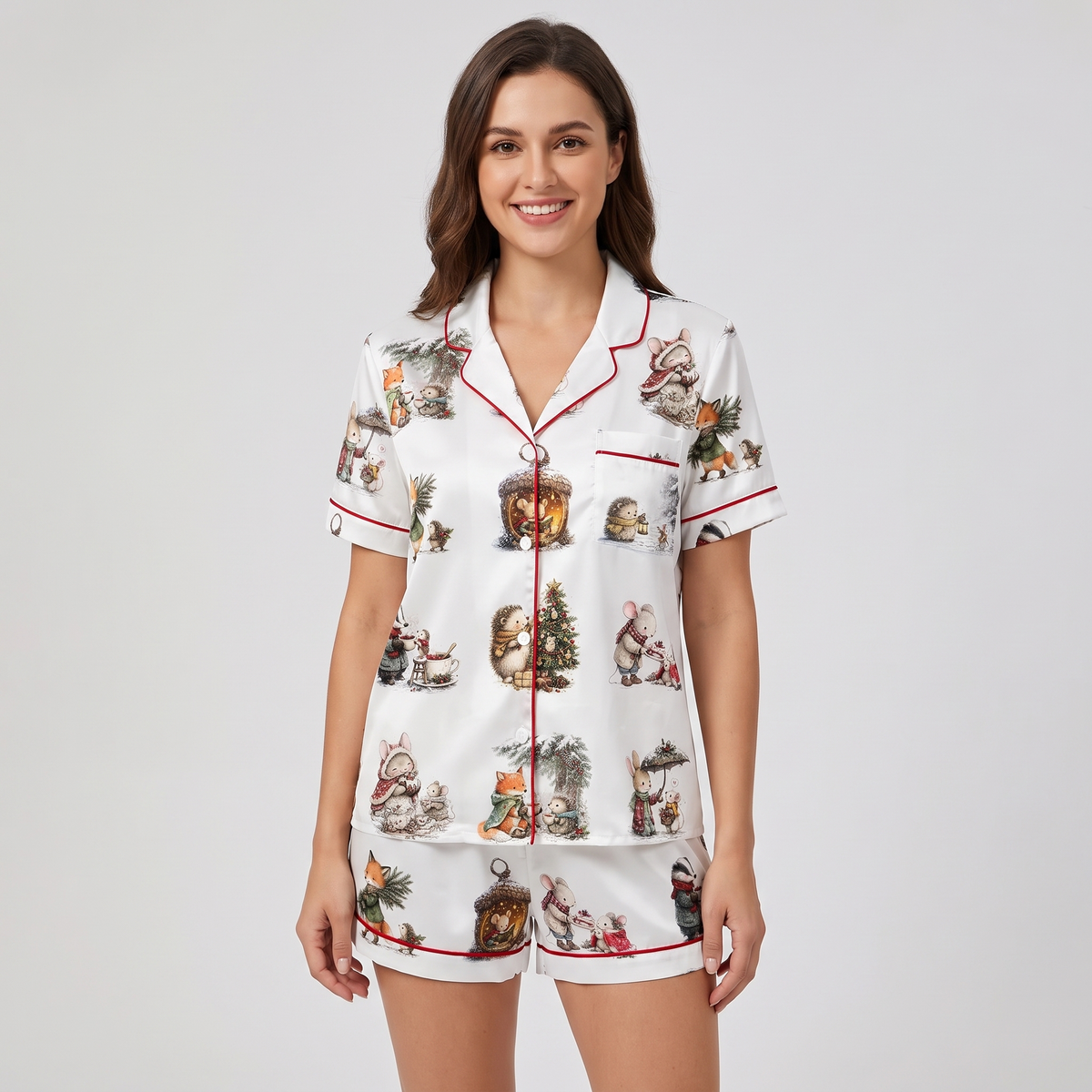 Cozy Woodland Critters Women's Pajama Set - short sleeve and shorts