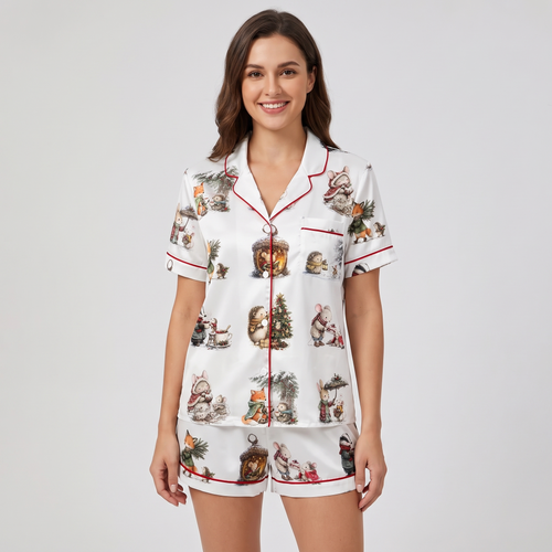 Cozy Woodland Critters Women's Pajama Set - short sleeve and shorts