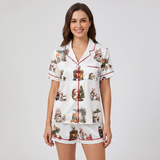 Cozy Woodland Critters Women's Pajama Set - short sleeve and shorts