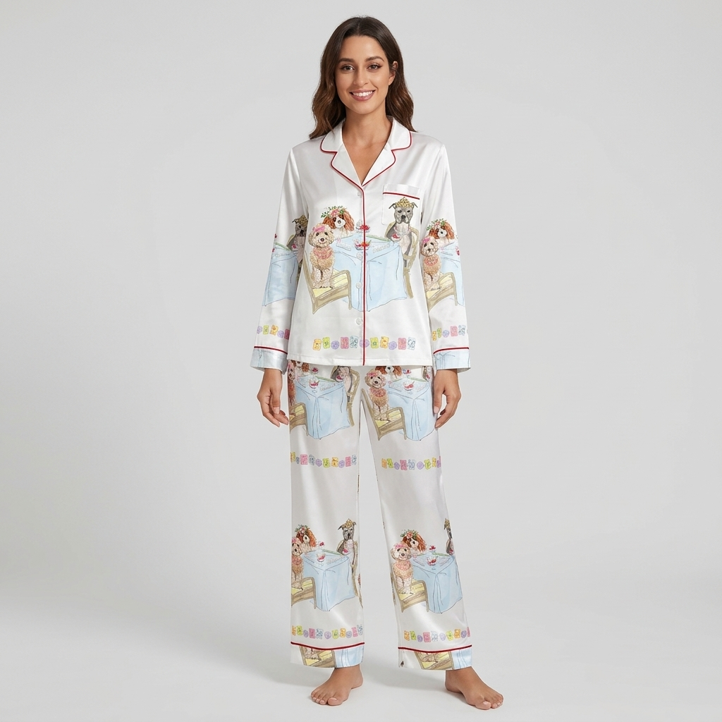 Women's satin pajama set with two dogs in flower crowns and tiaras at a mahjong table on white with red piping - long sleeve and pants
