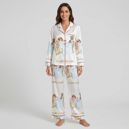 Women's satin pajama set with two dogs in flower crowns and tiaras at a mahjong table on white with red piping - long sleeve and pants