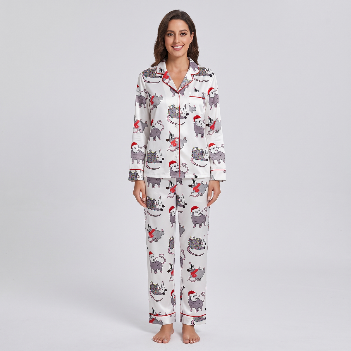 Overstimulated But Festive Possum Women's Pajama Set - long sleeve and pants