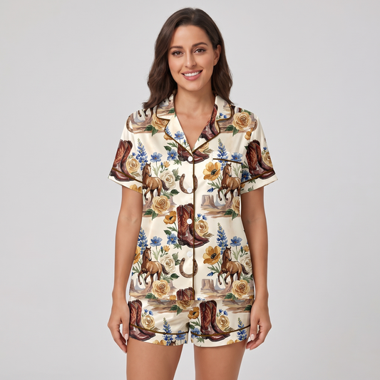 Bluebonnet Boots Cowgirl Horse Women's Pajama Set - short sleeve and shorts