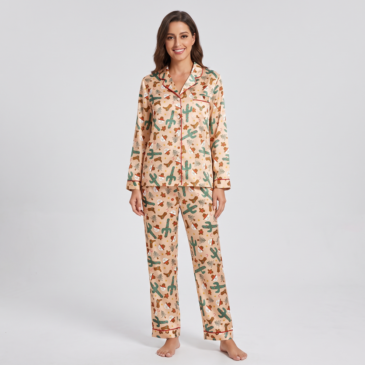Peachy Cactus Christmas Women's Pajama Set - long sleeve and pants