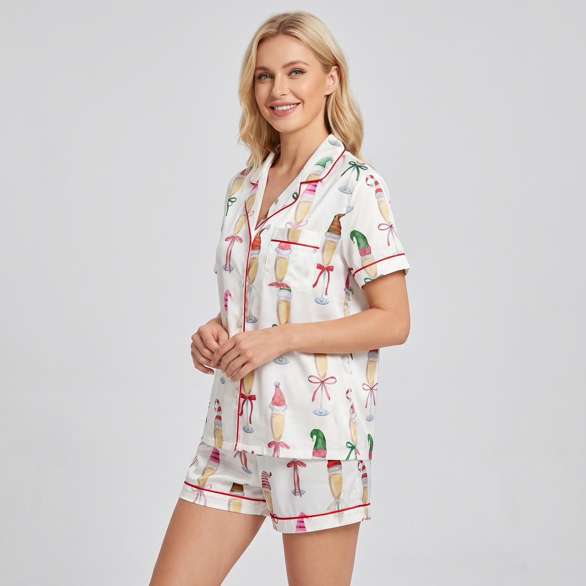 Santa Champagne Flutes Women's Pajama Set - short sleeve and shorts