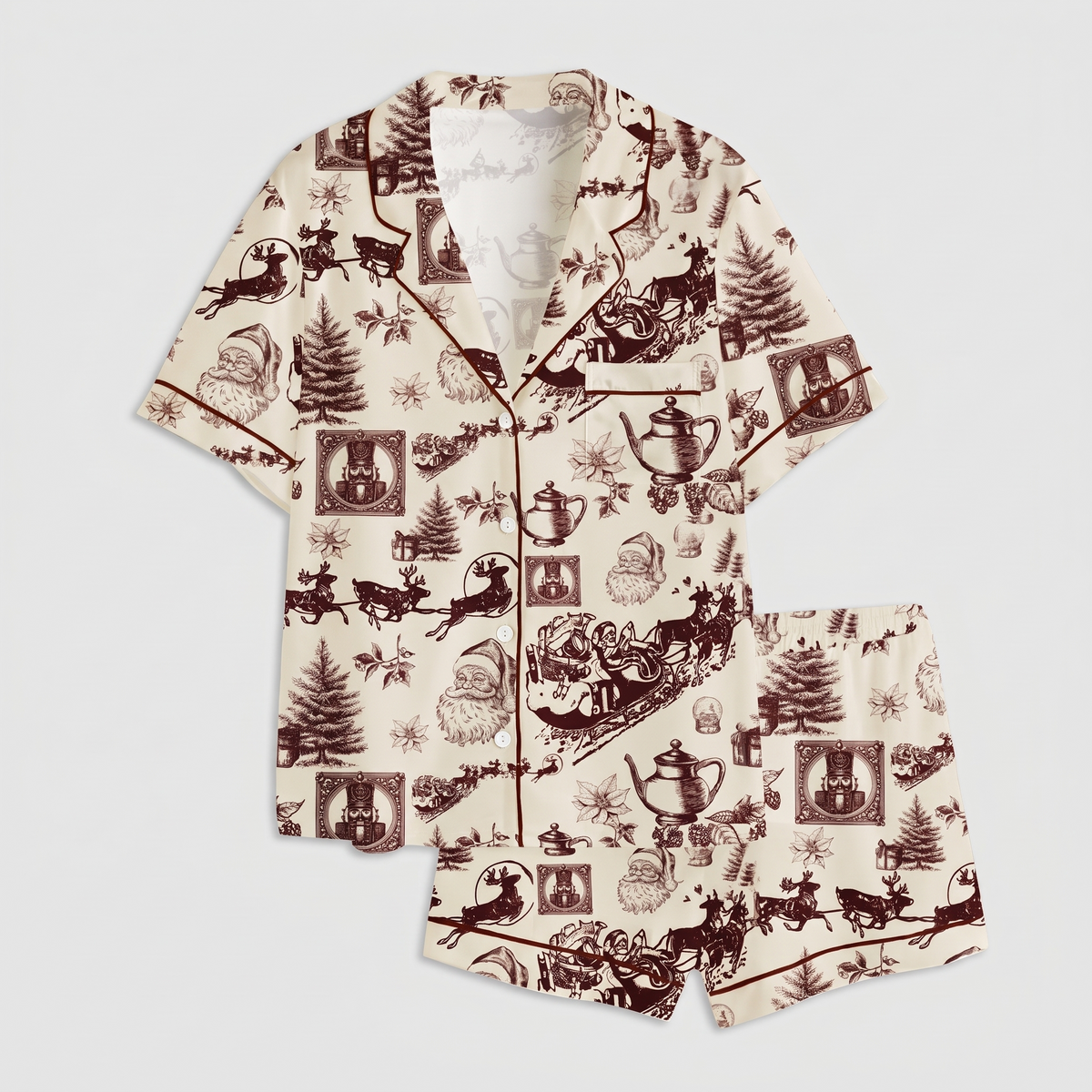 Brown Toile Santa Sleigh Women's Pajama Set - flat lay