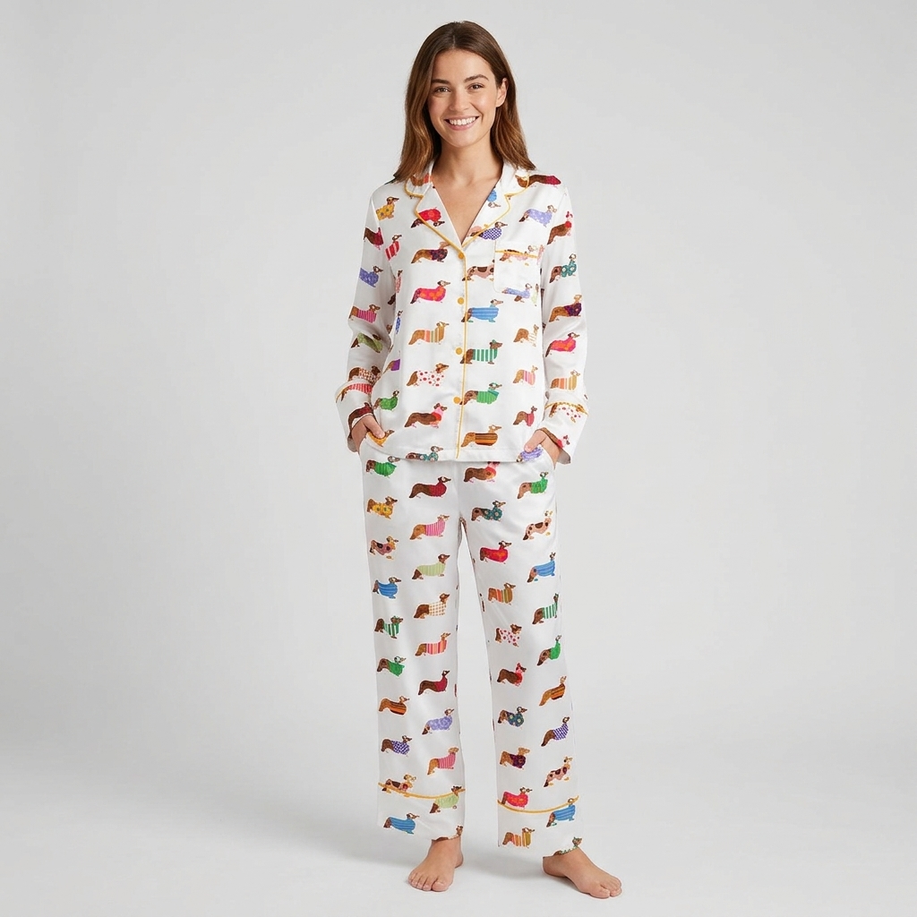 Women's satin pajama set with corgis in polka dot, striped and heart knit sweaters on white with golden piping - long sleeve and pants