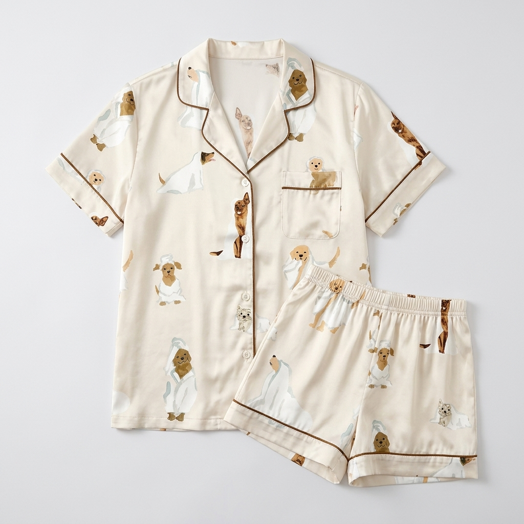 Women's satin pajama set with golden pups, a poodle and white dogs in bath towels on cream with brown piping - flat lay