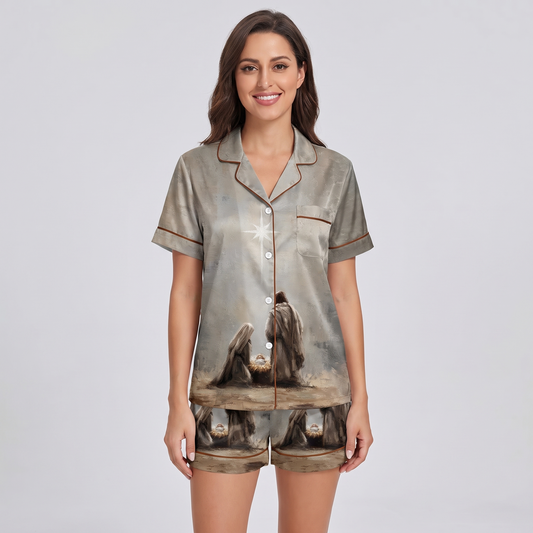 Nativity Painting Women's Pajama Set - short sleeve and shorts