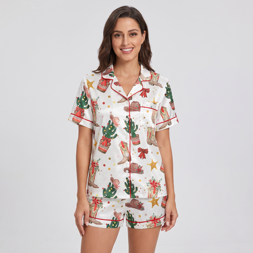 Cowboy Boots & Cactus Christmas Women's Pajama Set - short sleeve and shorts