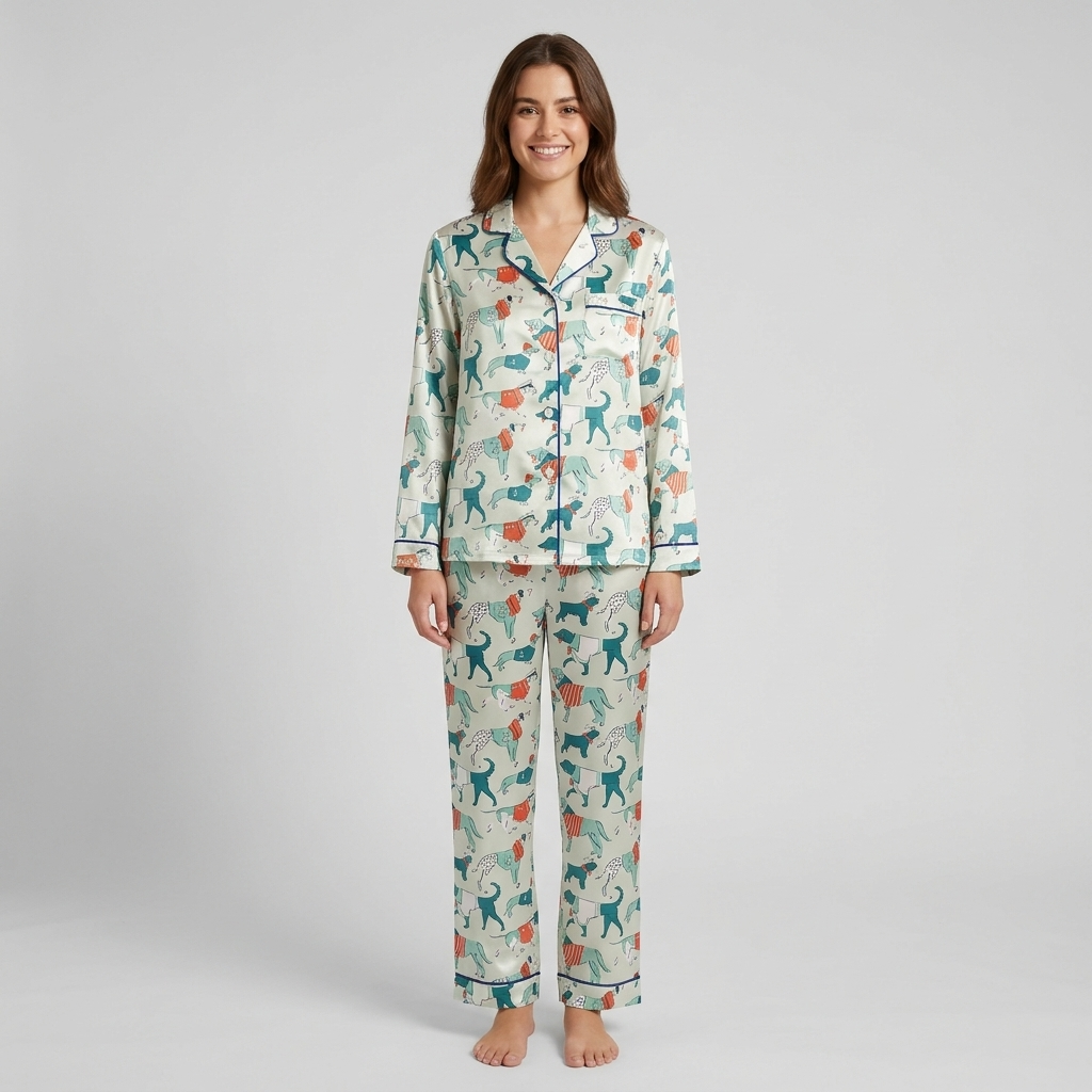Women's satin pajama set with sleek teal dogs in coral and navy striped sweaters on soft cream - long sleeve and pants