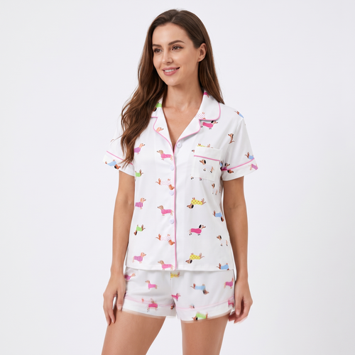 Sweater Weather Dachshunds Women's Pajama Set - White - short sleeve and shorts