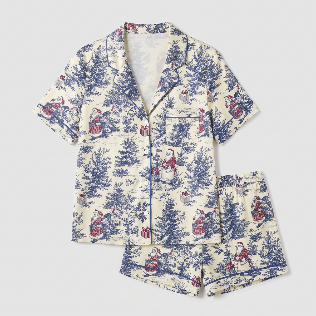 Blue Toile Winter Snowman Women's Pajama Set - flat lay