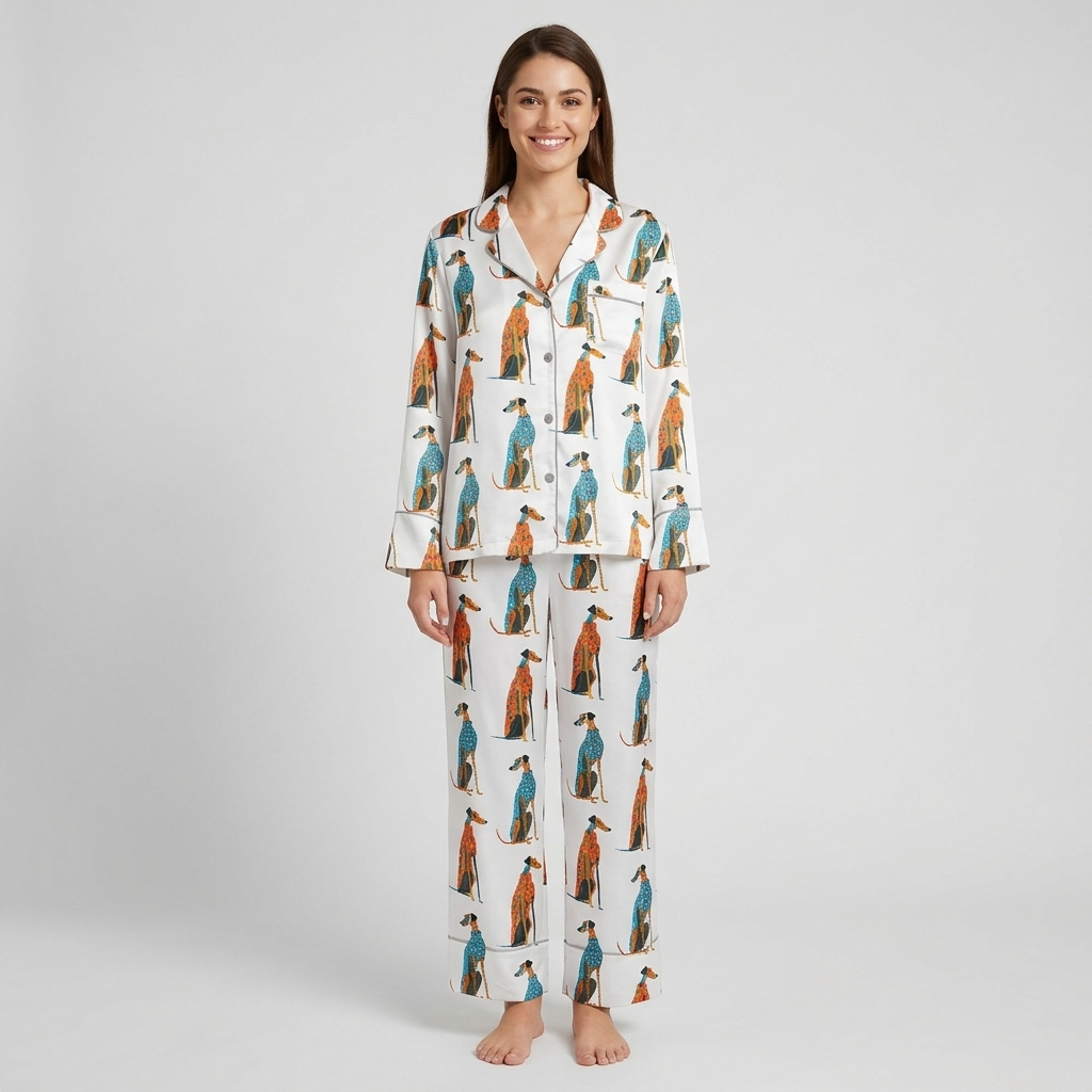 Women's long-sleeve satin pajama set with greyhounds in teal and rust patterned coats in rows on white - long sleeve and pants