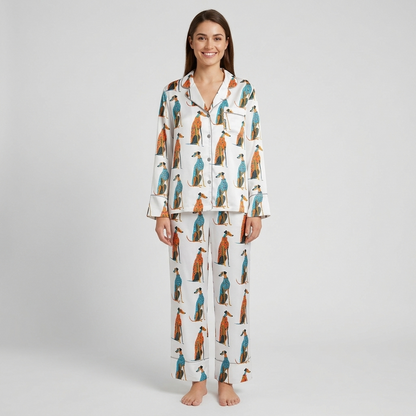 Women's long-sleeve satin pajama set with greyhounds in teal and rust patterned coats in rows on white - long sleeve and pants