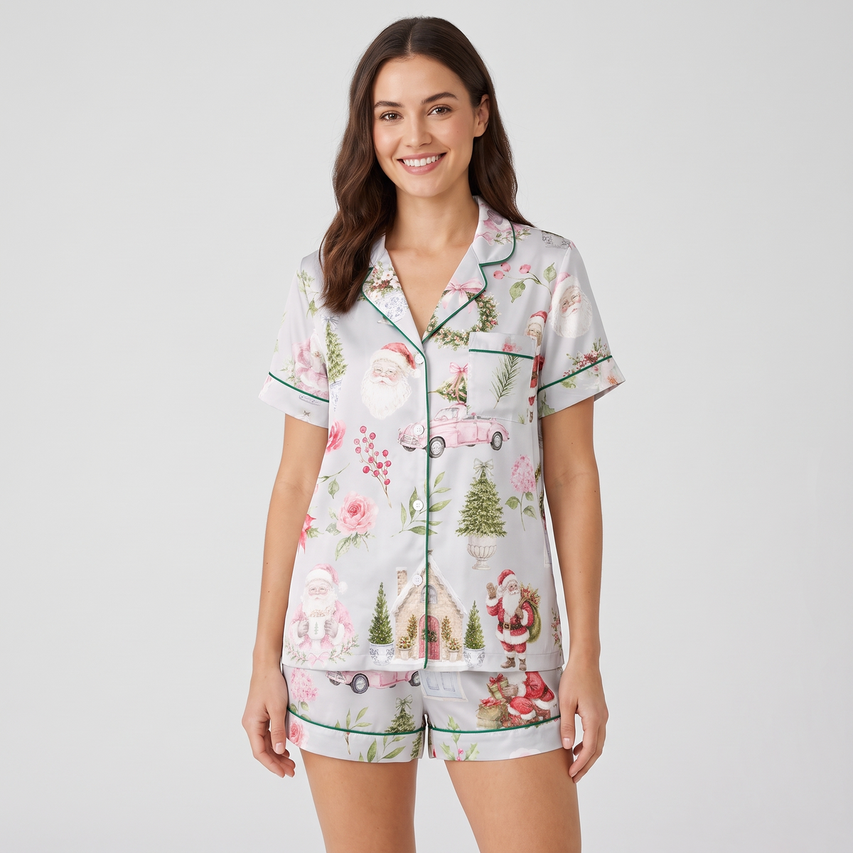 Pastel Santa & Wreaths Women's Pajama Set - short sleeve and shorts