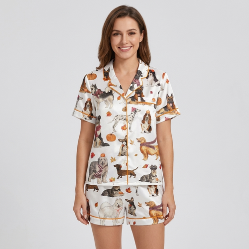 Women's satin pajama set with German shepherds, bassets, dalmatians and goldens with pumpkins and scarves on white - short sleeve and shorts