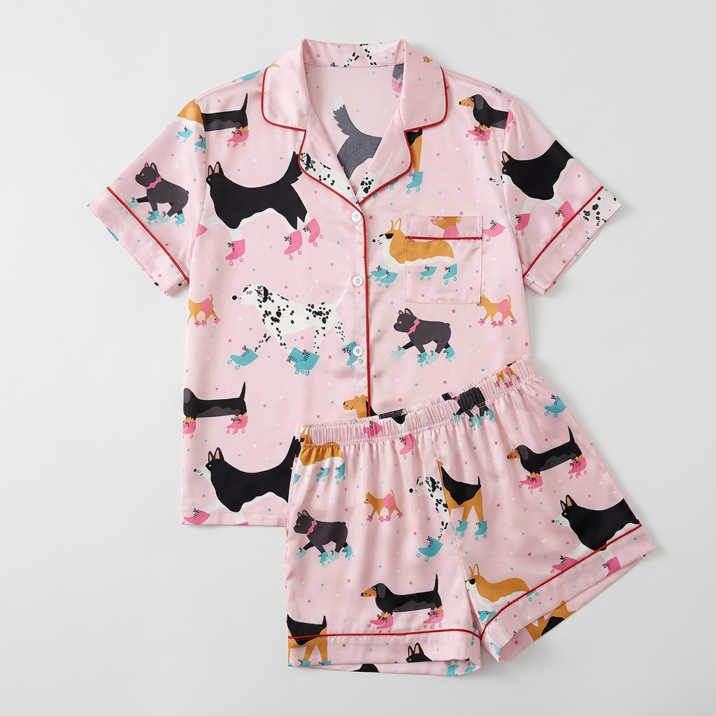 Women's satin pajama set with dachshunds, corgis and dalmatians on teal and pink roller skates on blush pink - flat lay