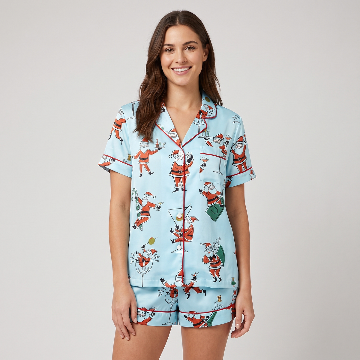 Mid-Century Santa Martini Women's Pajama Set - Blue