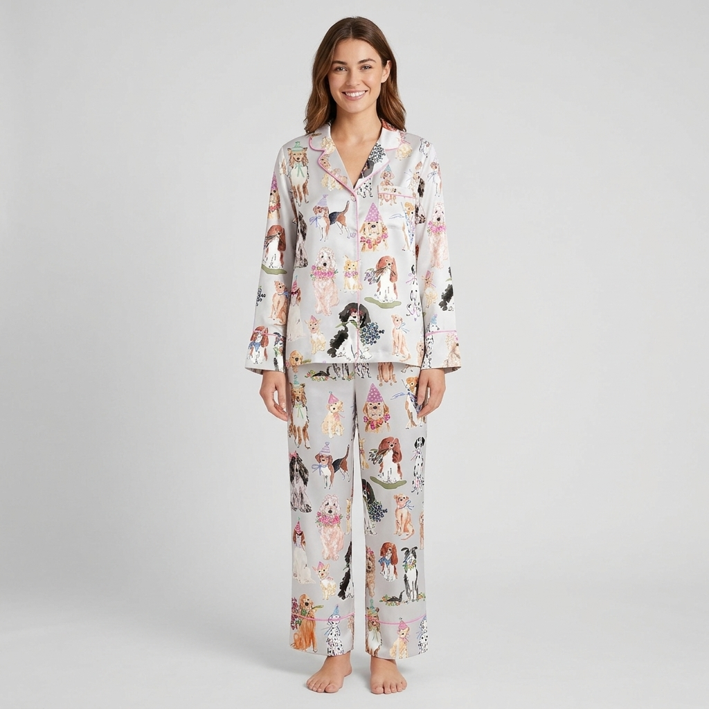 Women's satin pajama set with dogs in pastel party hats and flower crowns on soft gray - long sleeve and pants