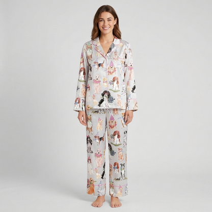 Women's satin pajama set with dogs in pastel party hats and flower crowns on soft gray - long sleeve and pants
