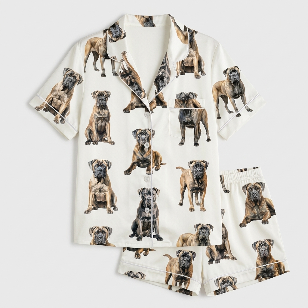 Women's satin pajama set with fawn, black and brindle Cane Corsos lounging on crisp white - flat lay