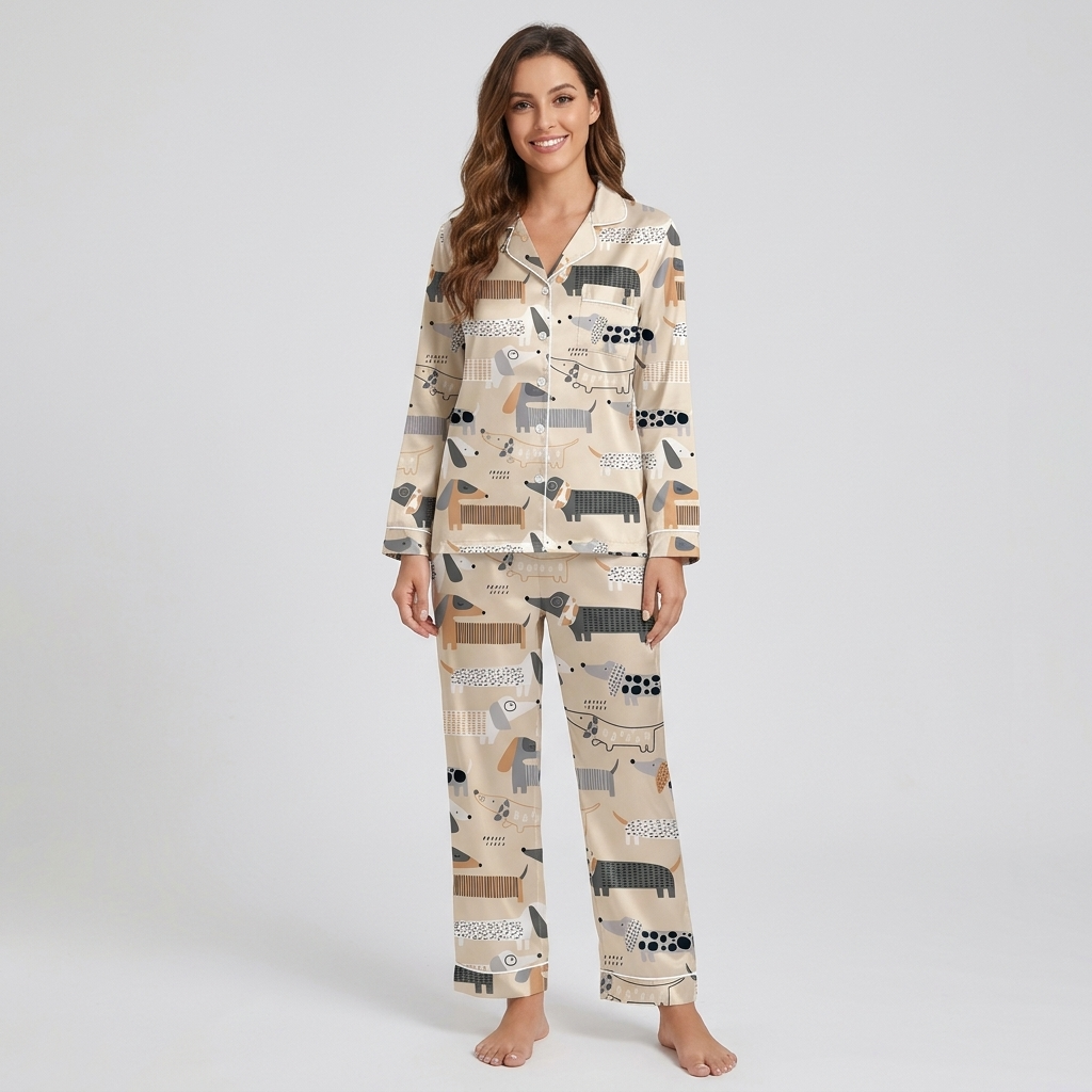 Women's satin pajama set with geometric mid-century dachshunds in charcoal, gray and rust on beige - long sleeve and pants